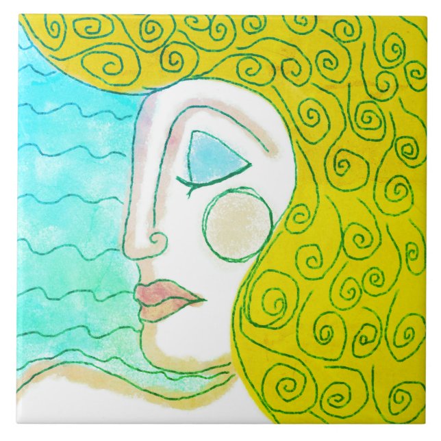 Blonde Curls Abstract Digital Painting of a Woman Ceramic Tile (Front)