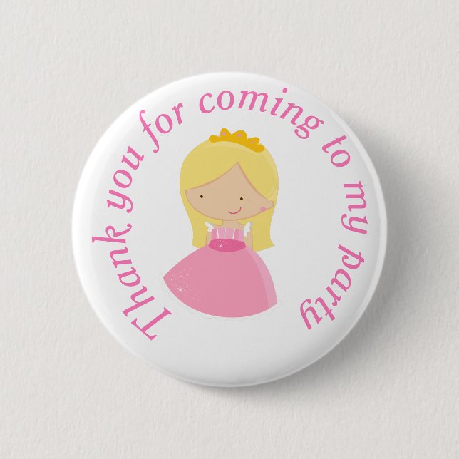 Blonde Cute Princess and Dragon Birthday Party Button (Front)