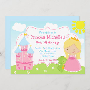 Blonde Cute Princess and Dragon Birthday Party Invitation
