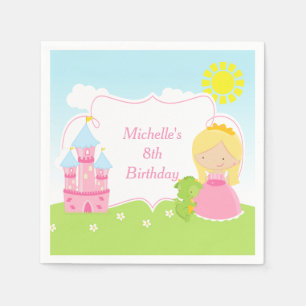 Blonde Cute Princess and Dragon Birthday Party Napkins