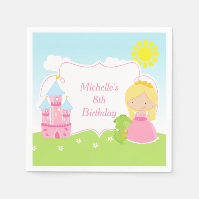 Blonde Cute Princess and Dragon Birthday Party Napkins (Front)