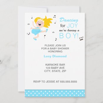 Blonde Dancing For Joy Blue Modern Boy Baby Shower Invitation by PeachyPrints at Zazzle