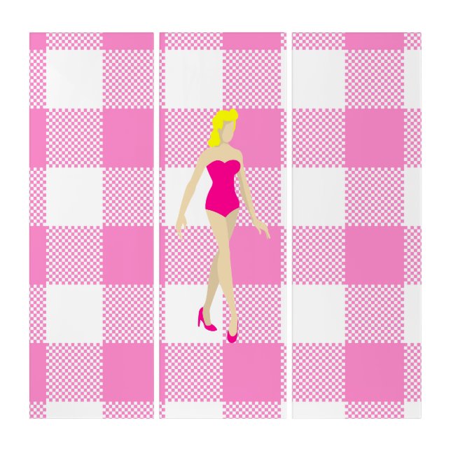 blonde doll pink gingham swimsuit  triptych (Front)