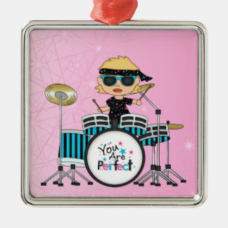 Blonde Drummer Girl with Stars on Pink Metal Ornament