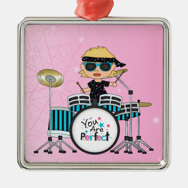 Blonde Drummer Girl with Stars on Pink Metal Ornament (Front)