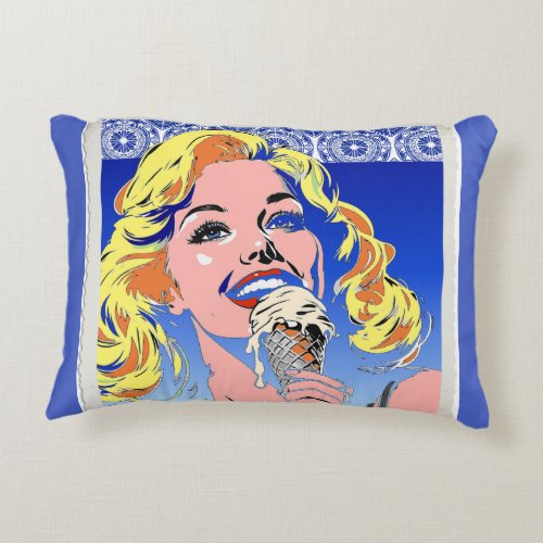 Blonde Eating Ice Cream Colorful 60s Pop Art Style Accent Pillow