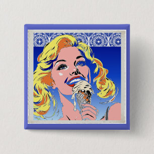 Blonde Eating Ice Cream Colorful 60s Pop Art Style Button