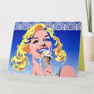 Blonde Eating Ice Cream Colorful 60s Pop Art Style Card
