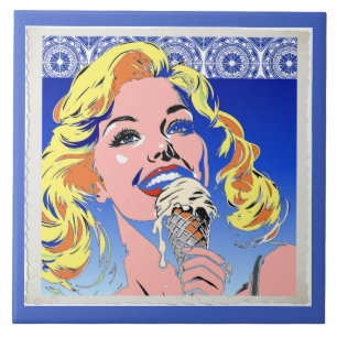 Blonde Eating Ice Cream Colorful 60s Pop Art Style Ceramic Tile