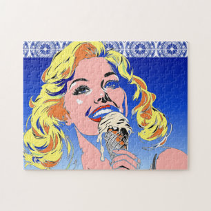 Blonde Eating Ice Cream Colorful 60s Pop Art Style Jigsaw Puzzle