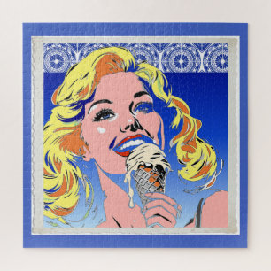 Blonde Eating Ice Cream Colorful 60s Pop Art Style Jigsaw Puzzle