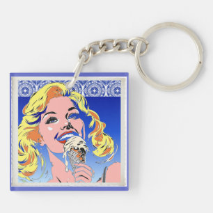 Blonde Eating Ice Cream Colorful 60s Pop Art Style Keychain