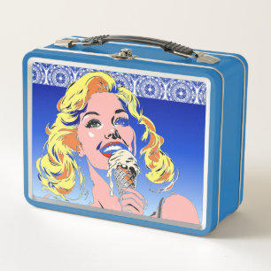 Blonde Eating Ice Cream Colorful 60s Pop Art Style Metal Lunch Box