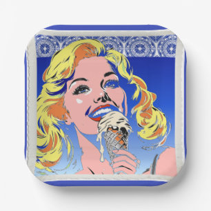 Blonde Eating Ice Cream Colorful 60s Pop Art Style Paper Plates