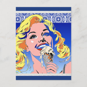 Blonde Eating Ice Cream Colorful 60s Pop Art Style Postcard