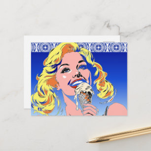 Blonde Eating Ice Cream Colorful 60s Pop Art Style Postcard