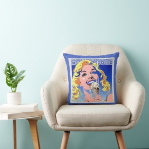 Blonde Eating Ice Cream Colorful 60s Pop Art Style Throw Pillow