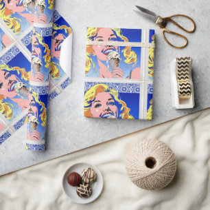 Blonde Eating Ice Cream Colorful 60s Pop Art Style Wrapping Paper