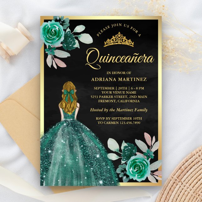 Blonde Emerald Dress Black Gold Quinceanera Invitation (Creator Uploaded)
