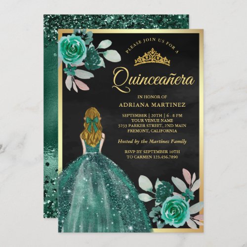 Blonde Emerald Dress Black Gold Quinceanera Invitation