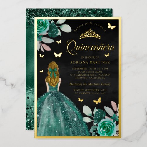 Blonde Emerald Dress Butterfly Quinceanera Gold Foil Invitation