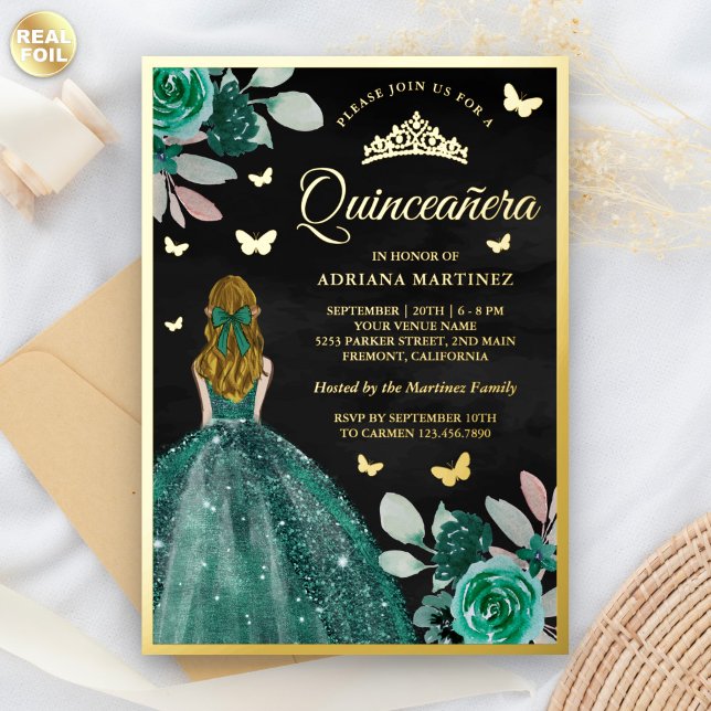 Blonde Emerald Dress Butterfly Quinceanera Gold Foil Invitation (Creator Uploaded)