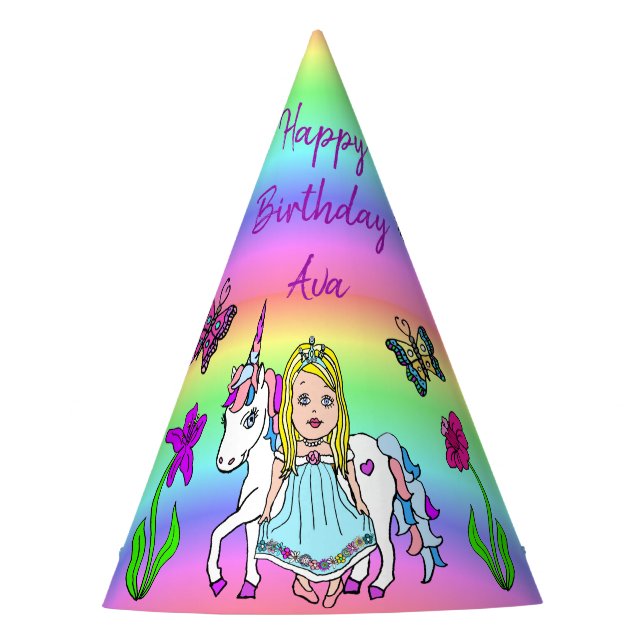 Blonde Fairy and Unicorn Birthday Hat (Front)