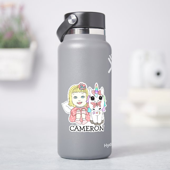 Blonde Fairy and Unicorn Personalized Name Sticker (HydroFlask)