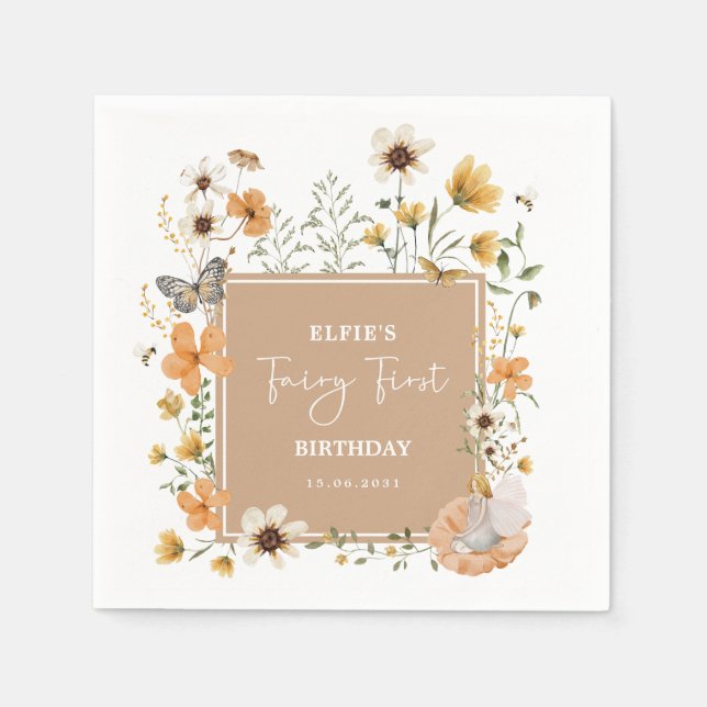 Blonde Fairy Fall Wildflower 1st Birthday Party Napkins (Front)