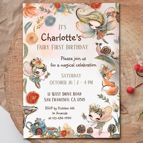 Blonde Fairy First Birthday Enchanted Forest Invitation