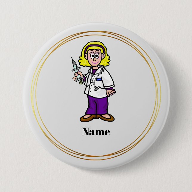 Blonde Female Doctor with Syringe Name Button (Front)
