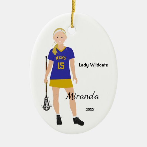 Blonde Female Lacrosse Player In Blue And Yellow Ceramic Ornament