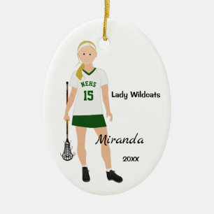 Blonde Female Lacrosse Player In Green And White Ceramic Ornament