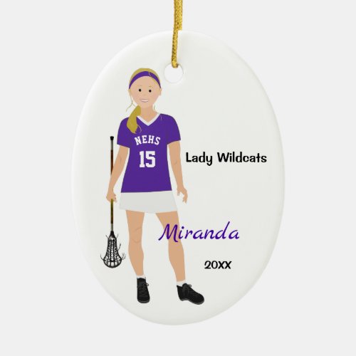 Blonde Female Lacrosse Player In Purple And White Ceramic Ornament