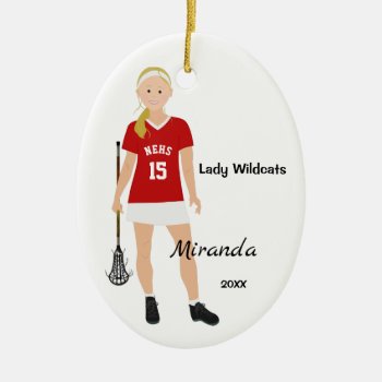 Blonde Female Lacrosse Player In Red And White Ceramic Ornament by NightOwlsMenagerie at Zazzle