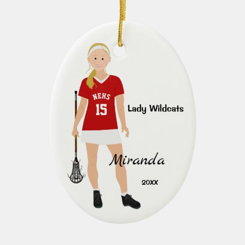 Blonde Female Lacrosse Player In Red And White Ceramic Ornament