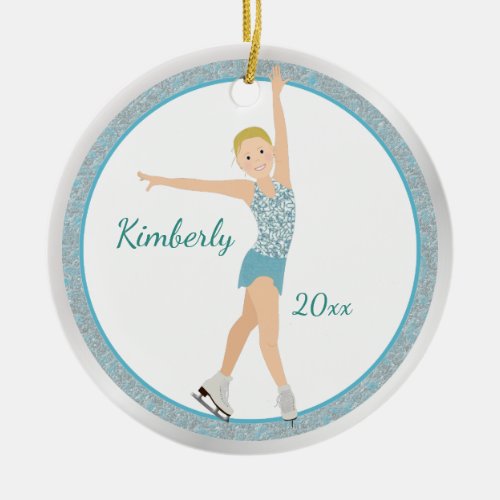 Blonde Figure Skater In Aqua Ceramic Ornament