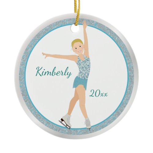 Blonde Figure Skater In Aqua Ceramic Ornament