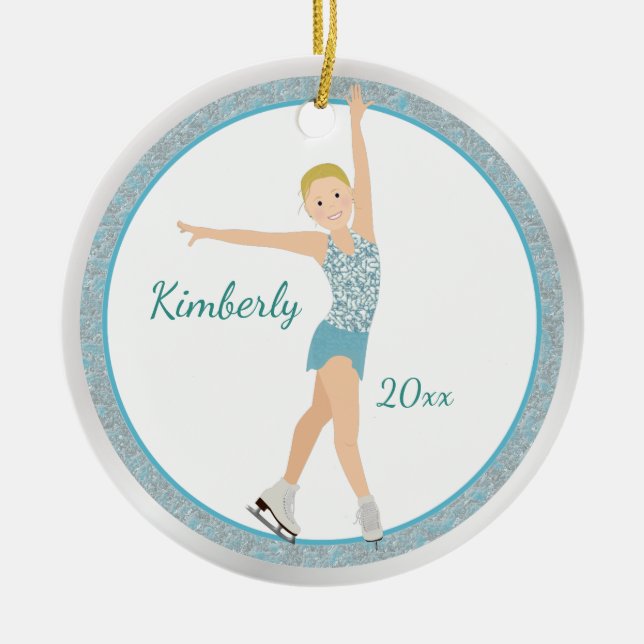 Blonde Figure Skater In Aqua Ceramic Ornament (Front)