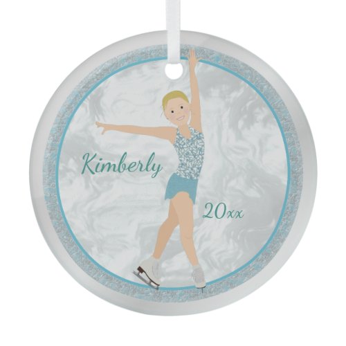 Blonde Figure Skater In Aqua Glass Ornament