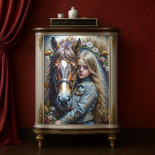 Blonde Girl and Brown Horse Denim Floral Decoupage Tissue Paper