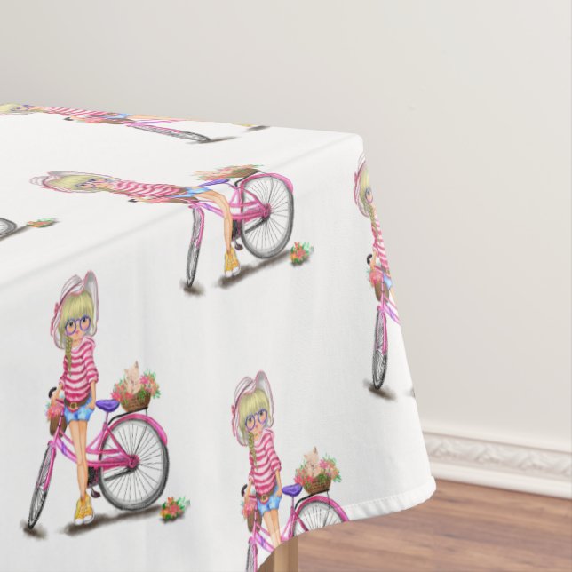 Blonde Girl and Pink Bike Tablecloth (In Situ)