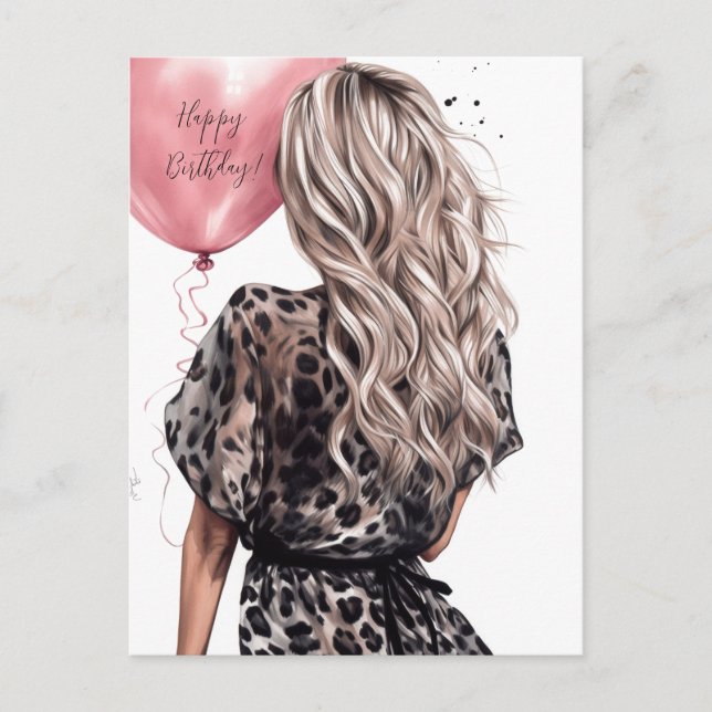 Blonde girl back pink balloon leopard dress postcard (Front)