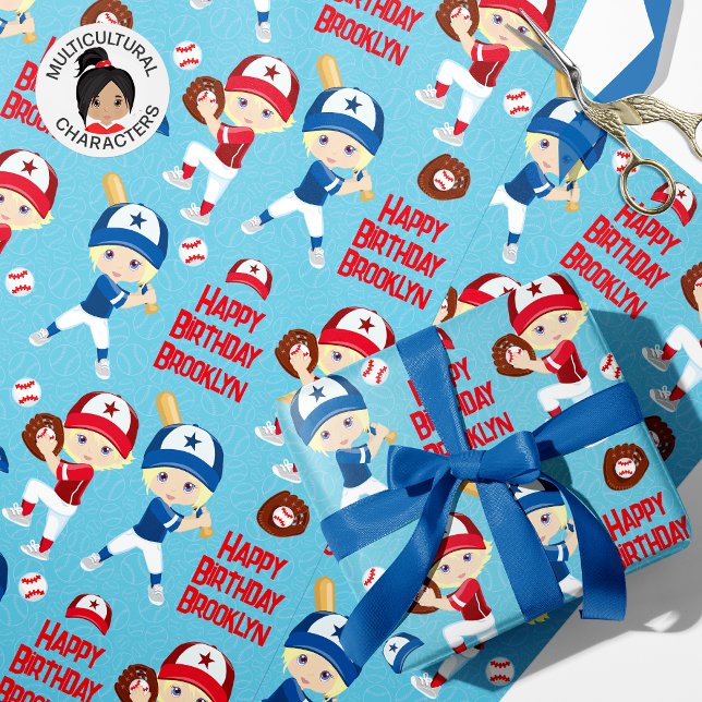 Blonde Girl Baseball Personalized Wrapping Paper (Creator Uploaded)
