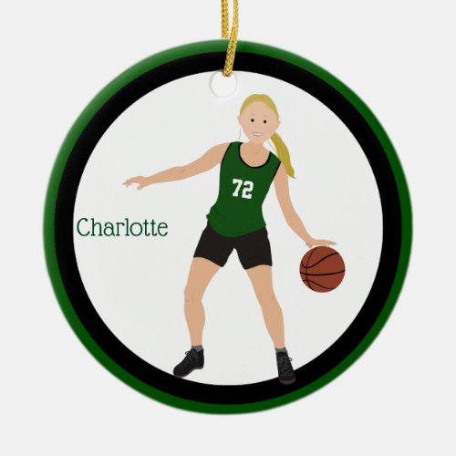 Blonde Girl Basketball Player In Green And Black Ceramic Ornament