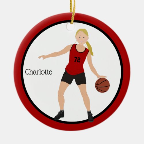 Blonde Girl Basketball Player In Red And Black Ceramic Ornament
