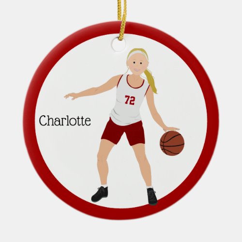 Blonde Girl Basketball Player In Red And White Ceramic Ornament