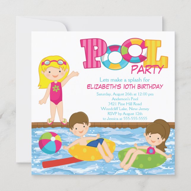 Blonde Girl Birthday Summer Pool Party Invitation (Front)