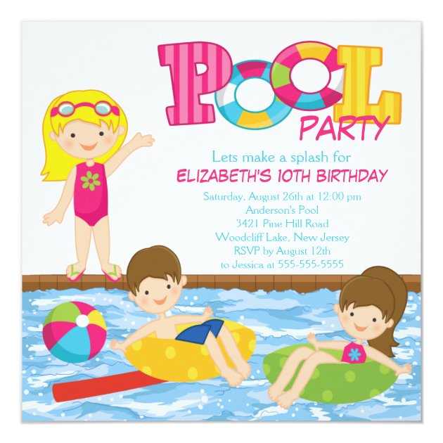 Blonde Girl Birthday Summer Pool Party Invitation