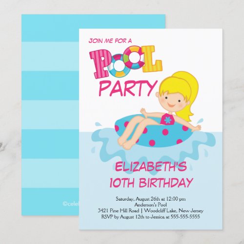 Blonde Girl Birthday Summer Pool Party Invitation